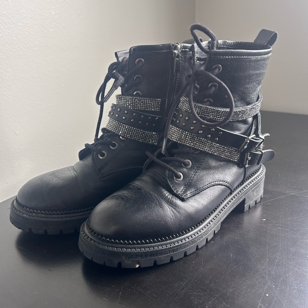 Steve Madden Captain Combat Boots Leather with Studded Rhinestone Straps Sz 36/6 - Picture 3 of 8